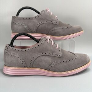 Cole Haan LunarGrand Wingtip Oxford Women 10 B Dress Shoe Gray Pink Brogue Suede